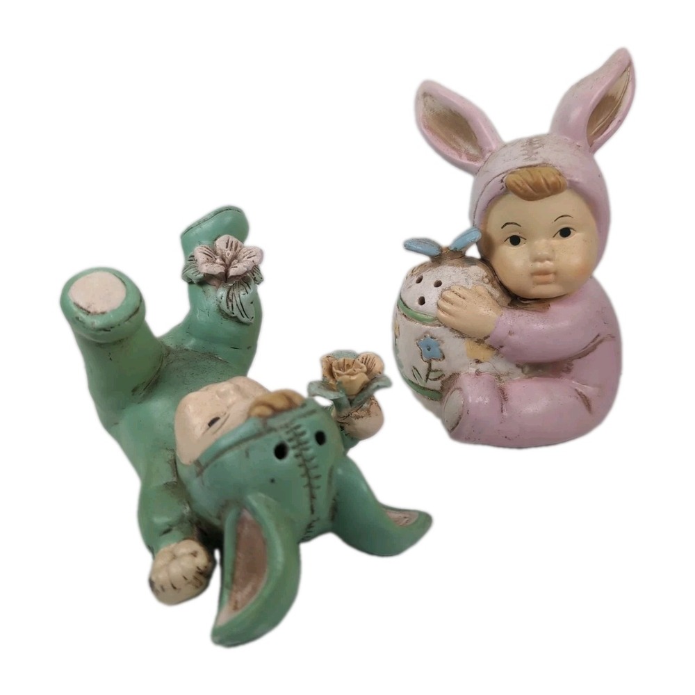 Vintage Easter Bunny PJ's Baby Salt and Pepper Shakers Set Pink Green Ceramic